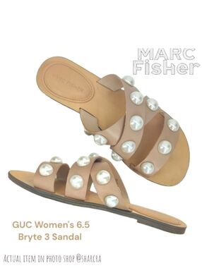 Marc Fisher Women's Bryte 3 Tan White Pearls Sandals Slides Faux Leather 6.5